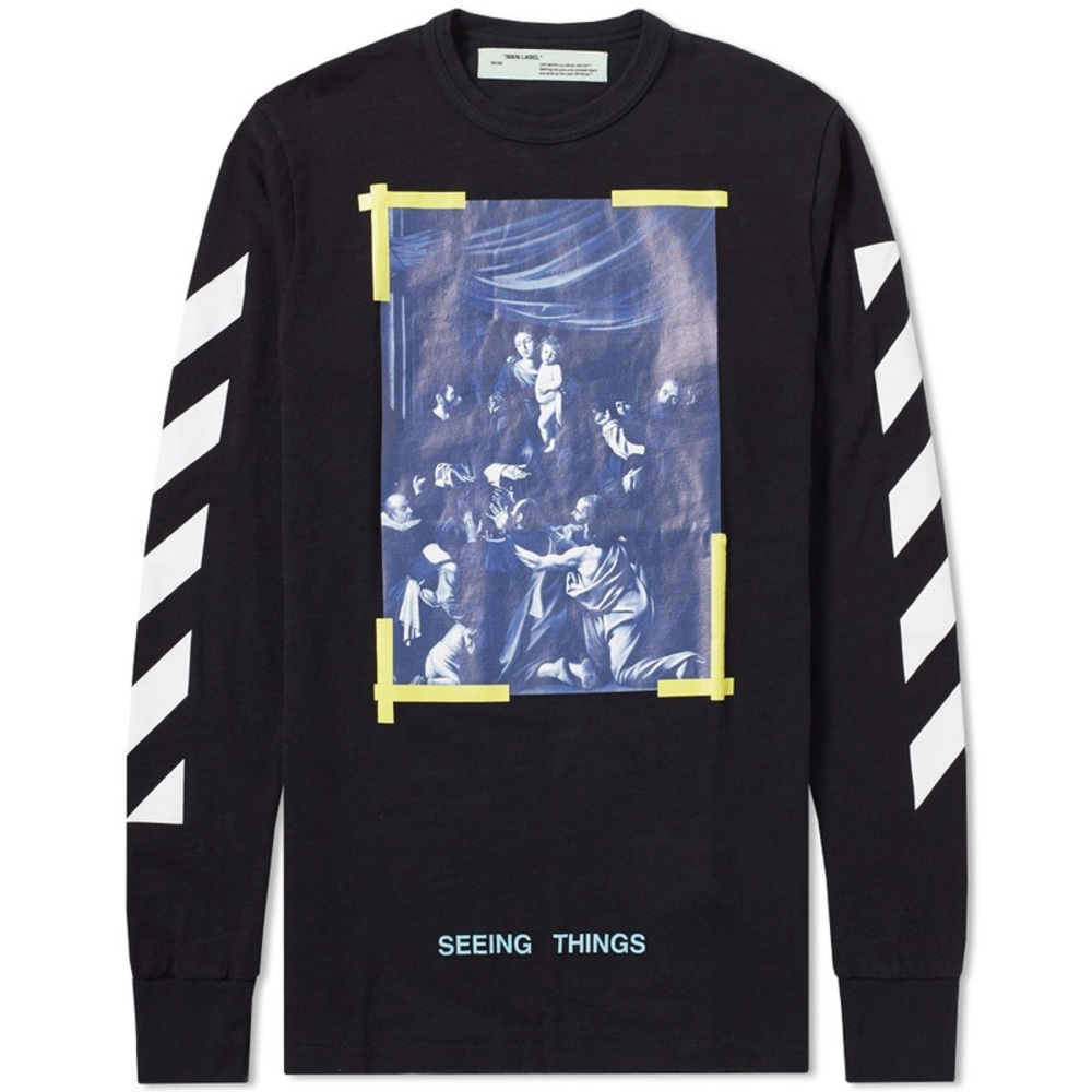 Black Long Sleeve Graphic Tee with Blue and White Design